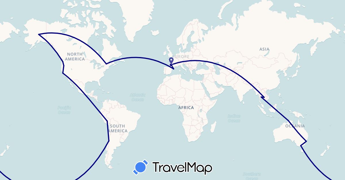 TravelMap itinerary: driving in Australia, Canada, Chile, Spain, France, Cambodia, Peru, Thailand, United States (Asia, Europe, North America, Oceania, South America)
